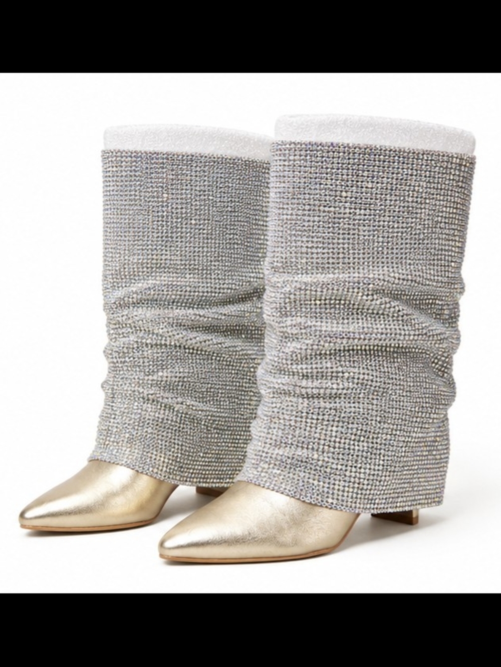 Steve Madden Rose Gold Rhinestone Slouch Boots with Gold Pointed Toe